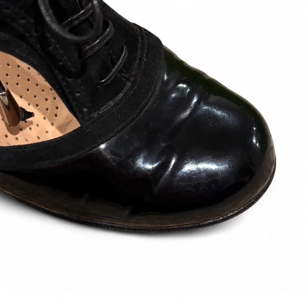 Anyi Lu Handmade Italy Black Patent Suede Lace-Up Oxford Block Heel Brogue Pump